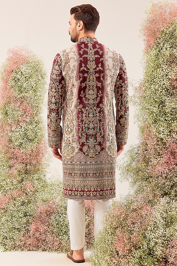Maroon Crepe Floral Embroidered Kurta by Kasbah Clothing at Pernia's Pop Up Shop