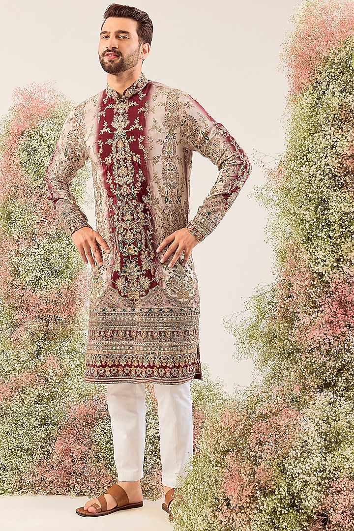 Maroon Crepe Floral Embroidered Kurta by Kasbah Clothing at Pernia's Pop Up Shop