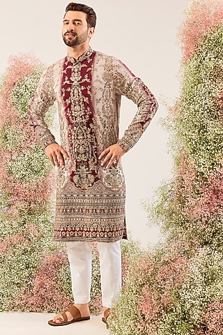 Maroon Crepe Floral Embroidered Kurta by Kasbah Clothing