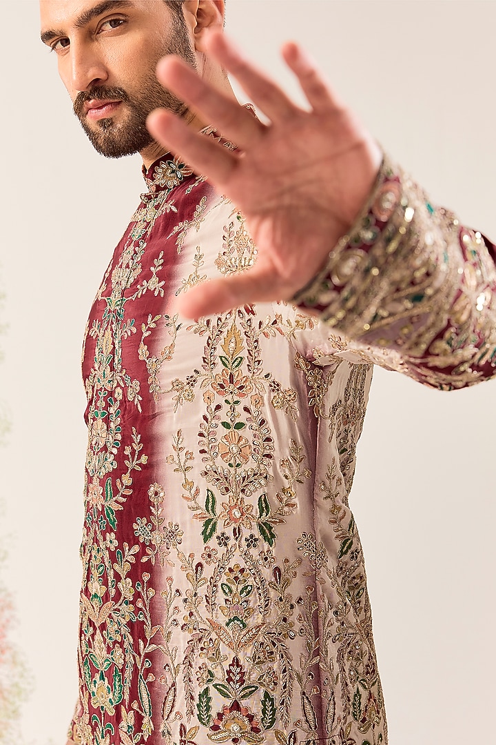 Maroon Crepe Floral Embroidered Kurta by Kasbah Clothing at Pernia's Pop Up Shop