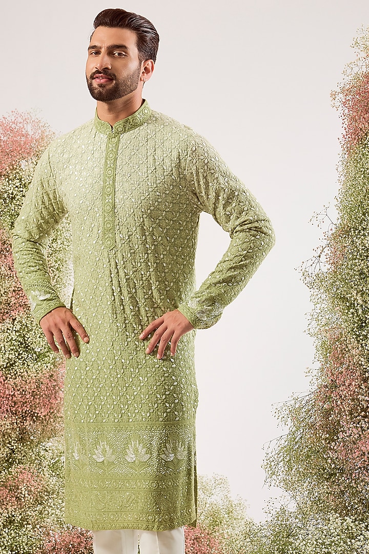 Green Georgette Chikankari Embroidered Kurta by Kasbah Clothing at Pernia's Pop Up Shop