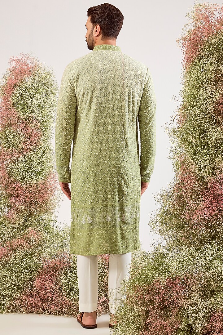Green Georgette Chikankari Embroidered Kurta by Kasbah Clothing at Pernia's Pop Up Shop