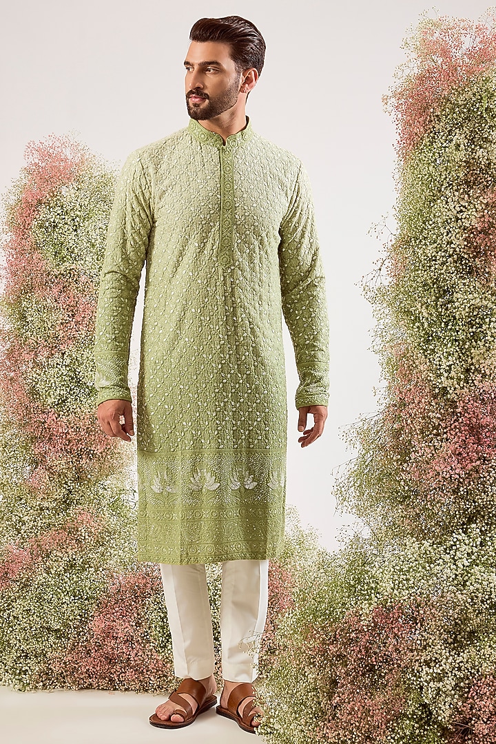 Green Georgette Chikankari Embroidered Kurta by Kasbah Clothing at Pernia's Pop Up Shop