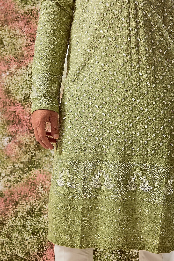 Green Georgette Chikankari Embroidered Kurta by Kasbah Clothing at Pernia's Pop Up Shop