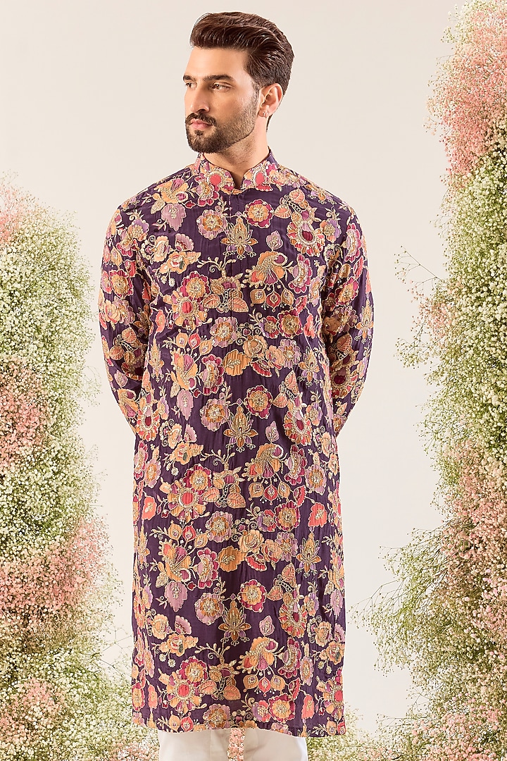 Purple Crepe Floral Embroidered Kurta by Kasbah Clothing at Pernia's Pop Up Shop