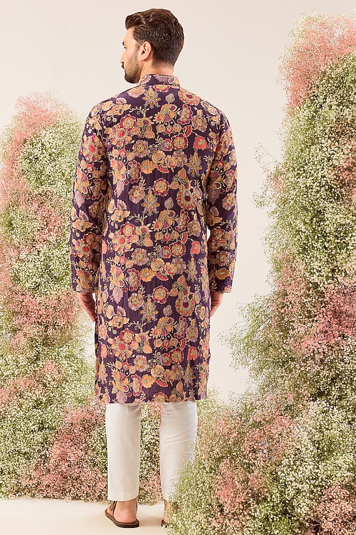 Purple Crepe Floral Embroidered Kurta by Kasbah Clothing at Pernia's Pop Up Shop