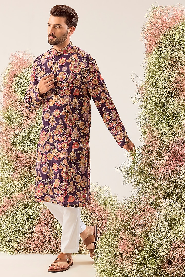 Purple Crepe Floral Embroidered Kurta by Kasbah Clothing at Pernia's Pop Up Shop