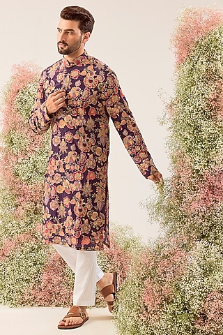 Purple Crepe Floral Embroidered Kurta by Kasbah Clothing
