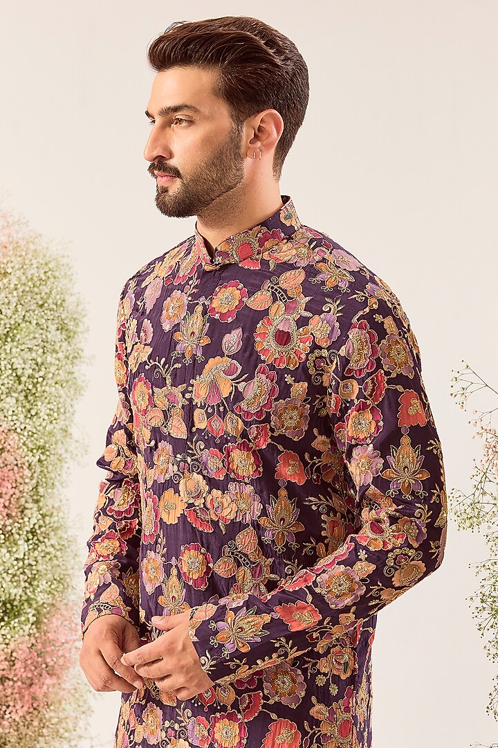 Purple Crepe Floral Embroidered Kurta by Kasbah Clothing at Pernia's Pop Up Shop