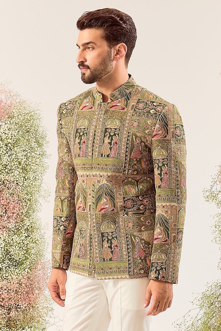 Green Georgette Embroidered Wedding Bandhgala Jacket by Kasbah Clothing at Pernia's Pop Up Shop