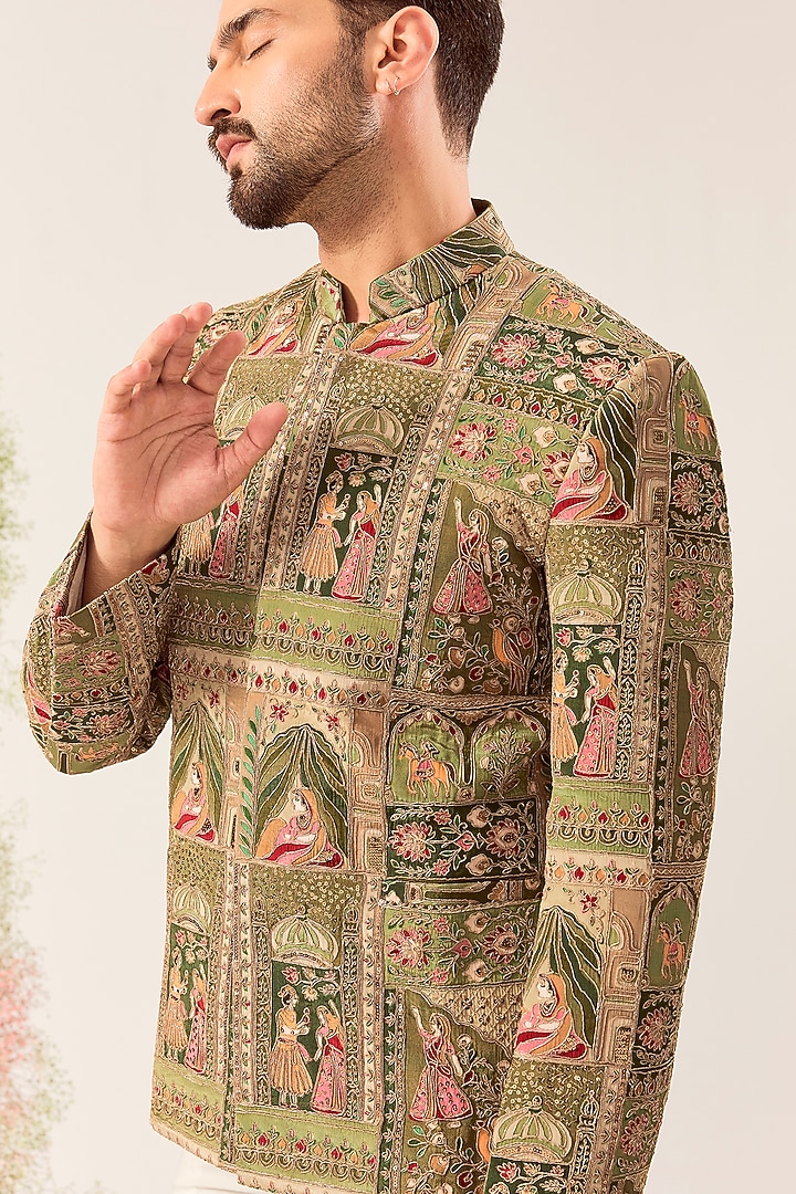 Green Georgette Embroidered Wedding Bandhgala Jacket by Kasbah Clothing at Pernia's Pop Up Shop