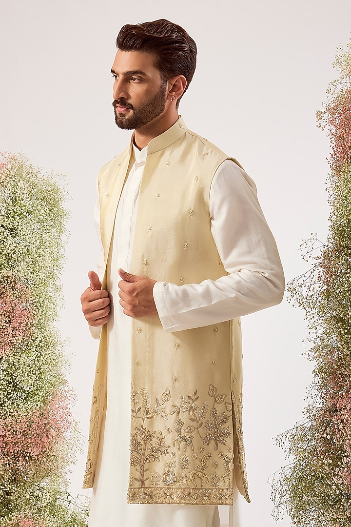 Golden Tissue Embroidered Long Open Jacket by Kasbah Clothing at Pernia's Pop Up Shop