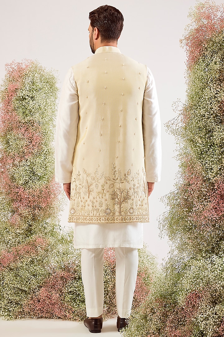 Golden Tissue Embroidered Long Open Jacket by Kasbah Clothing at Pernia's Pop Up Shop