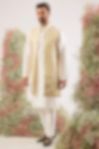 Golden Tissue Embroidered Long Open Jacket  by Kasbah Clothing at Pernia's Pop Up Shop