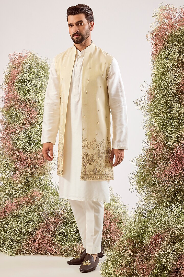 Golden Tissue Embroidered Long Open Jacket  by Kasbah Clothing at Pernia's Pop Up Shop