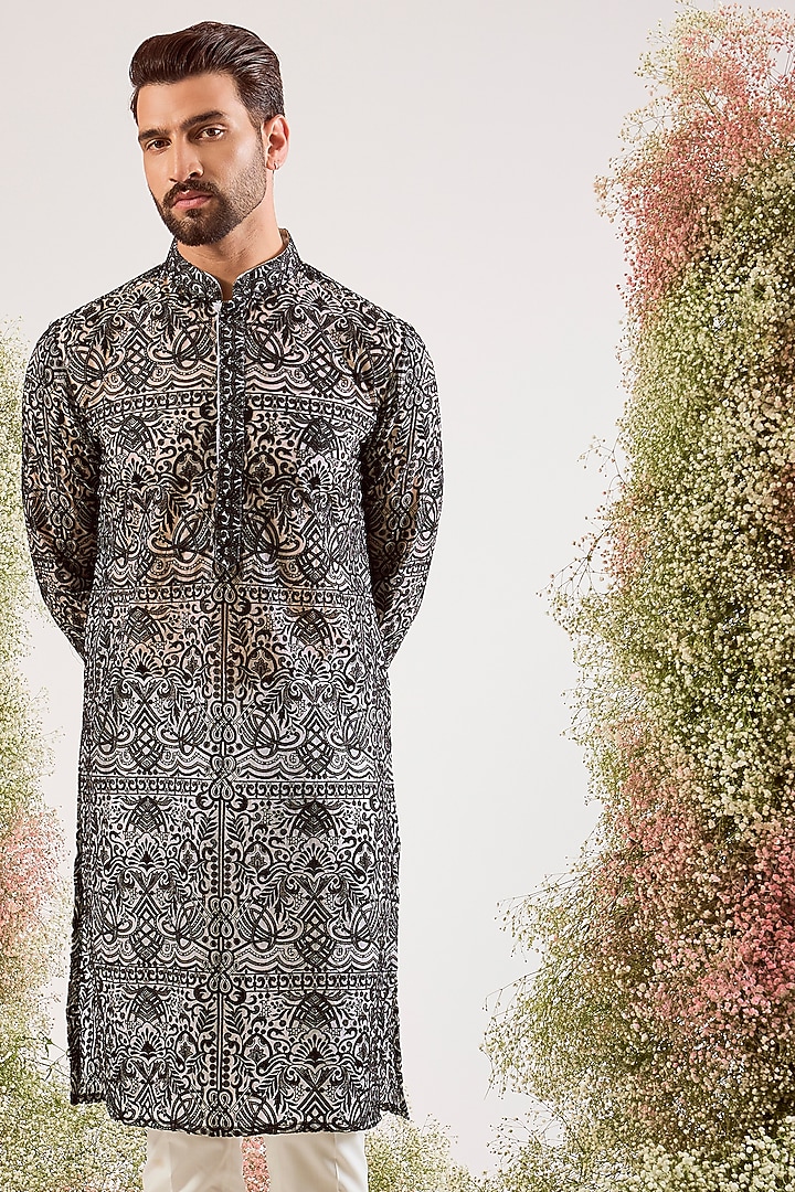 Black Organza Chikankari Embroidered Kurta by Kasbah Clothing at Pernia's Pop Up Shop