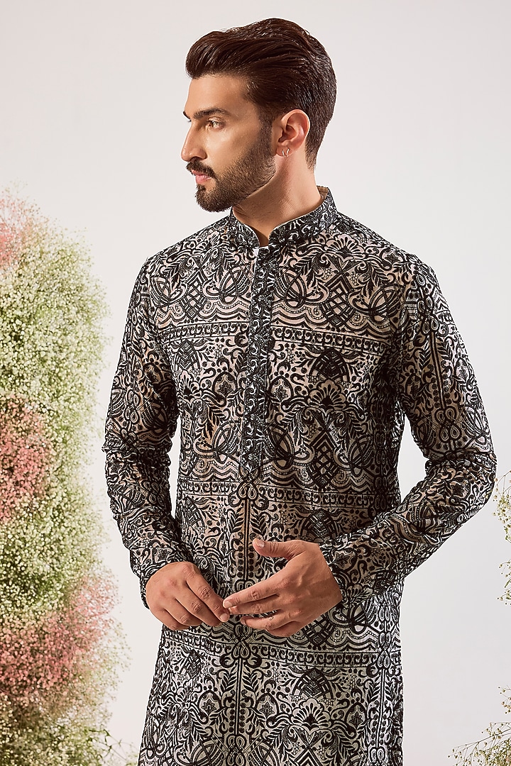 Black Organza Chikankari Embroidered Kurta by Kasbah Clothing at Pernia's Pop Up Shop