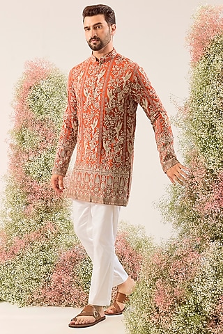 Orange Georgette Chikankari Embroidered Kurta by Kasbah Clothing