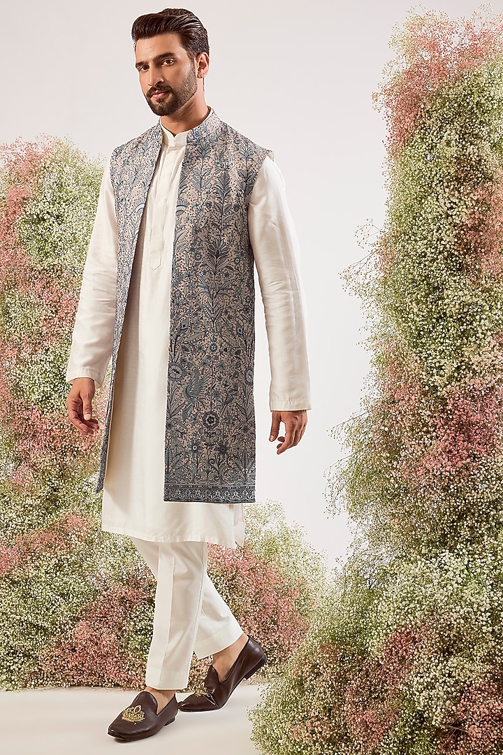 Beige Georgette Embroidered Long Indowestern Jacket by Kasbah Clothing at Pernia's Pop Up Shop