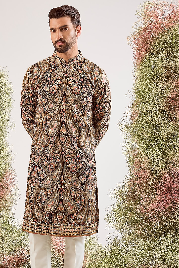 Black Georgette Kashmiri Embroidered Kurta by Kasbah Clothing at Pernia's Pop Up Shop