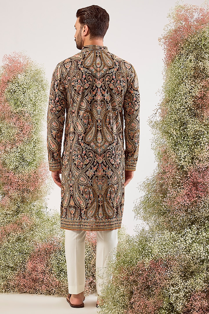 Black Georgette Kashmiri Embroidered Kurta by Kasbah Clothing at Pernia's Pop Up Shop