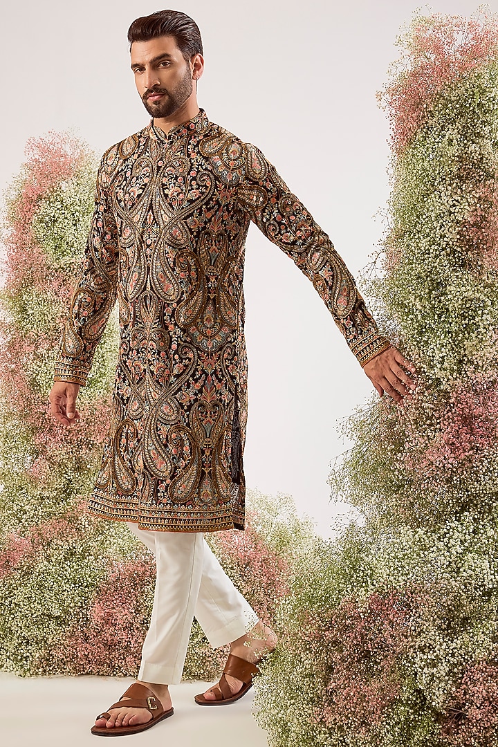 Black Georgette Kashmiri Embroidered Kurta by Kasbah Clothing at Pernia's Pop Up Shop