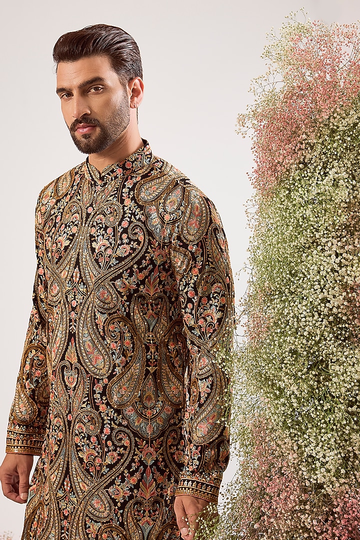 Black Georgette Kashmiri Embroidered Kurta by Kasbah Clothing at Pernia's Pop Up Shop