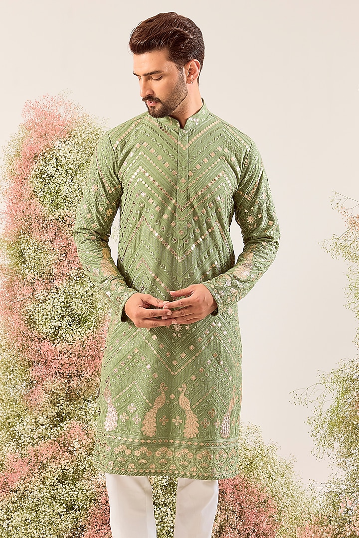 Green Georgette Embroidered Kurta by Kasbah Clothing at Pernia's Pop Up Shop
