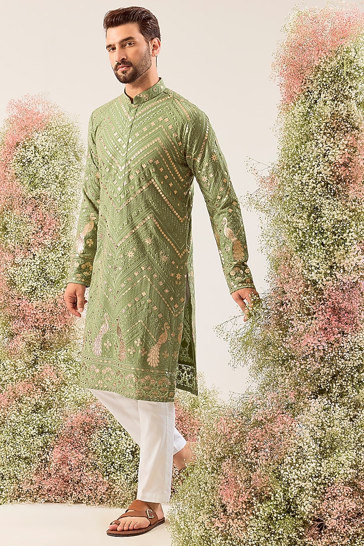 Green Georgette Embroidered Kurta by Kasbah Clothing at Pernia's Pop Up Shop