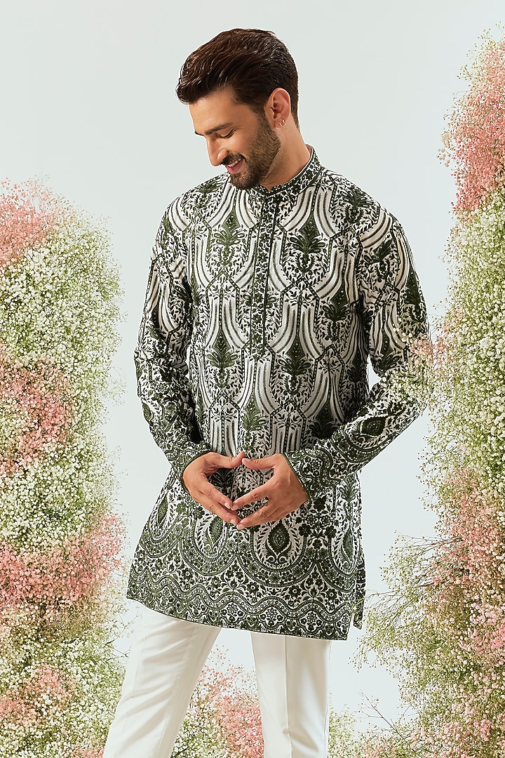 Green Organza Chikankari Embroidered Kurta by Kasbah Clothing at Pernia's Pop Up Shop