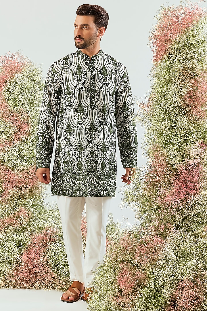 Green Organza Chikankari Embroidered Kurta by Kasbah Clothing at Pernia's Pop Up Shop
