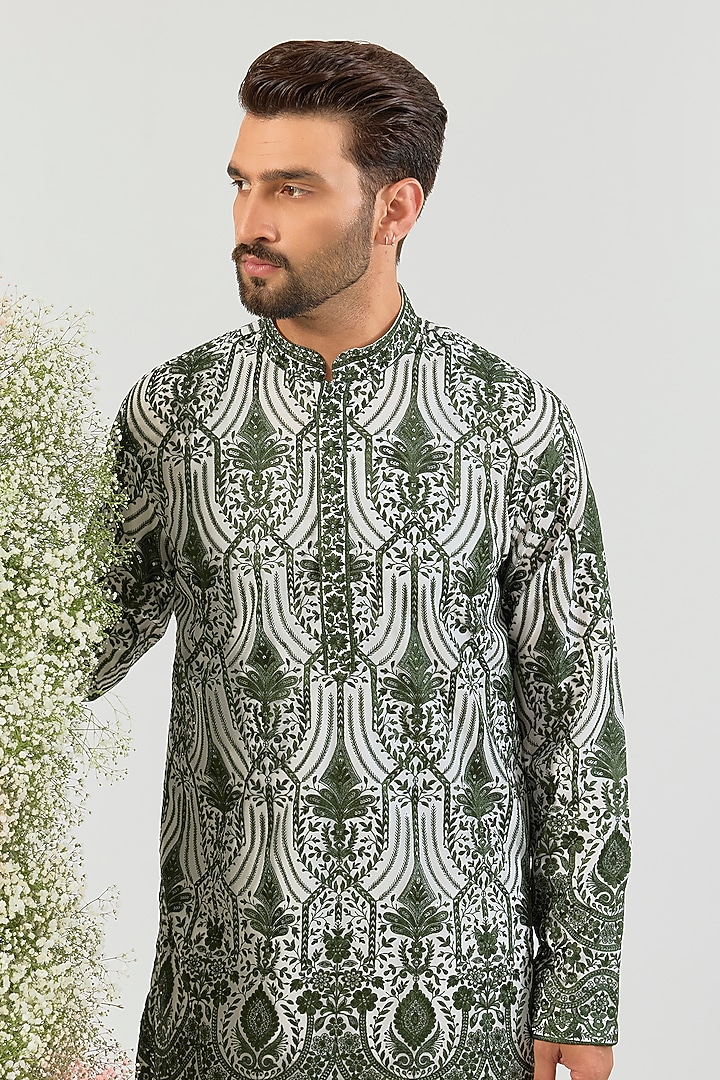 Green Organza Chikankari Embroidered Kurta by Kasbah Clothing at Pernia's Pop Up Shop
