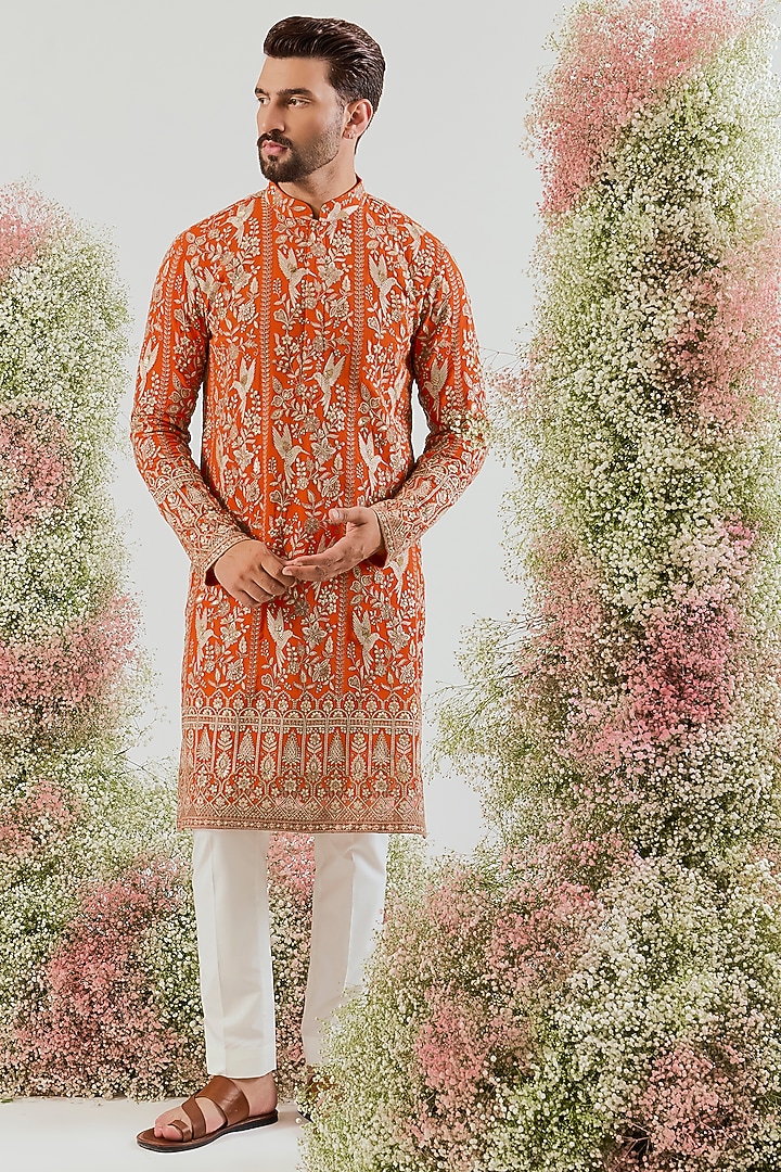 Orange Georgette Chikankari Embroidered Kurta by Kasbah Clothing at Pernia's Pop Up Shop