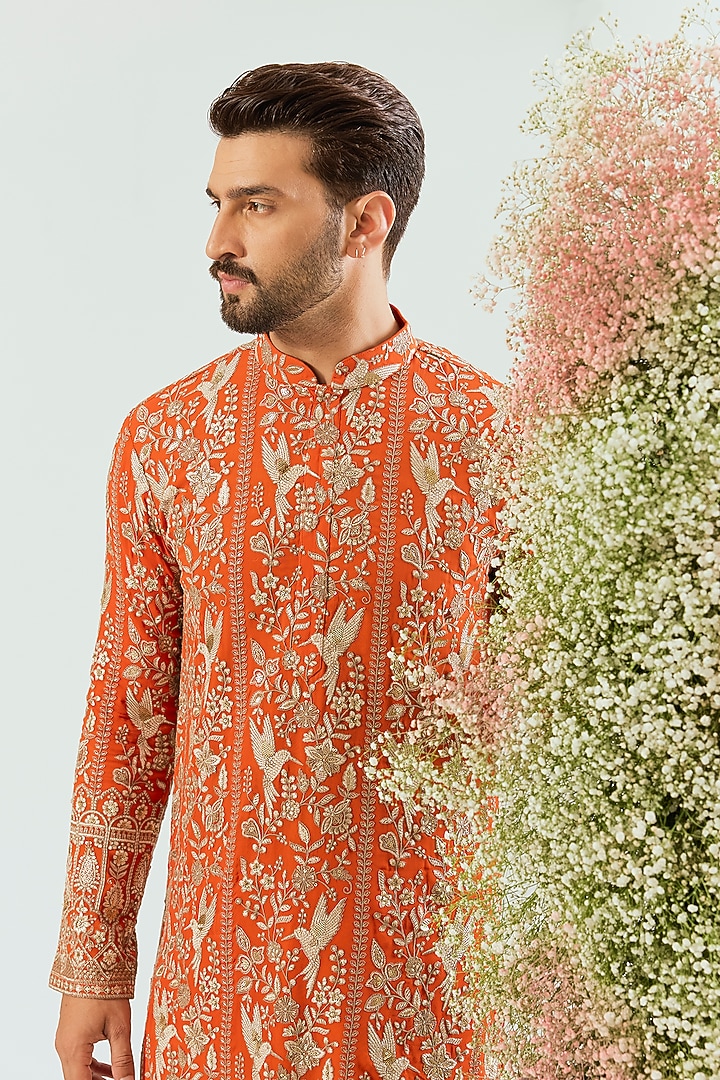 Orange Georgette Chikankari Embroidered Kurta by Kasbah Clothing at Pernia's Pop Up Shop