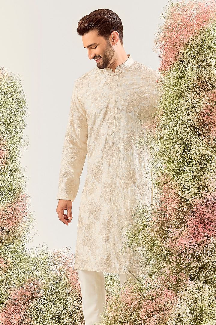 Cream Silk Chikankari Embroidered Kurta  by Kasbah Clothing at Pernia's Pop Up Shop