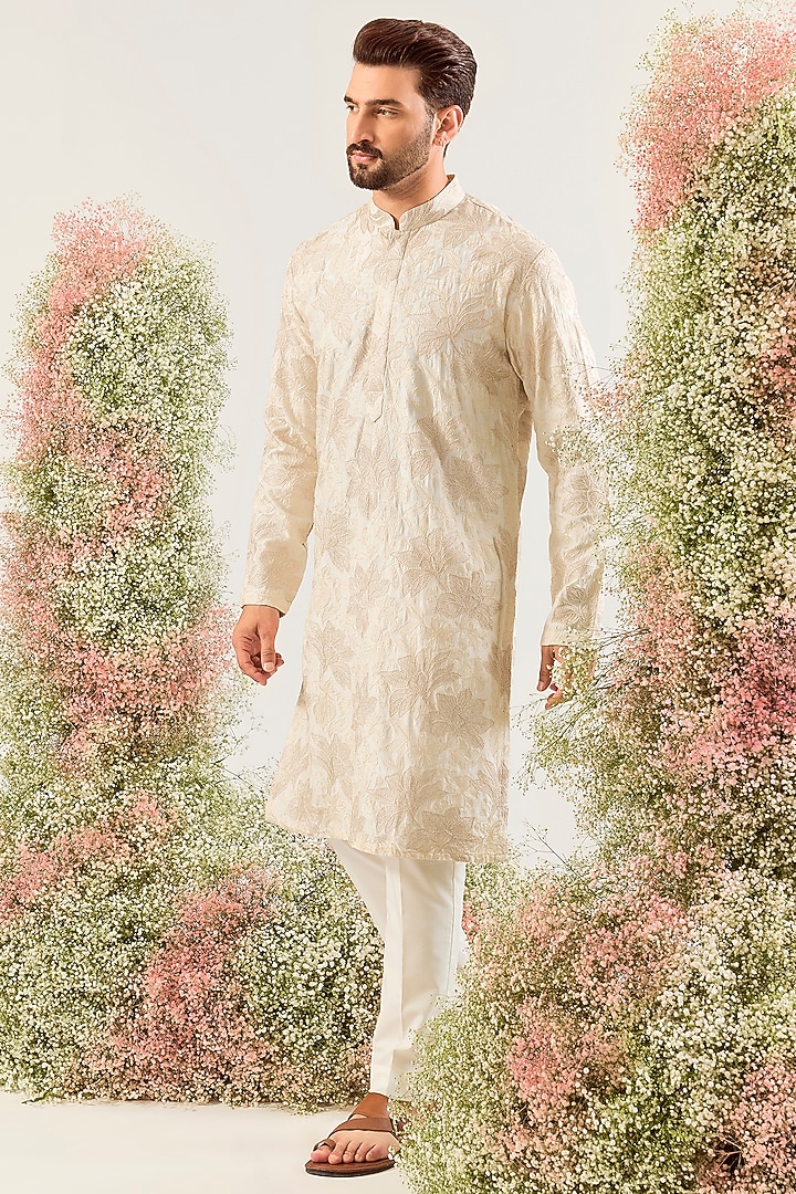 Cream Silk Chikankari Embroidered Kurta  by Kasbah Clothing at Pernia's Pop Up Shop