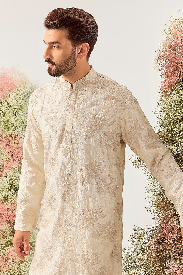 Cream Silk Chikankari Embroidered Kurta by Kasbah Clothing at Pernia's Pop Up Shop