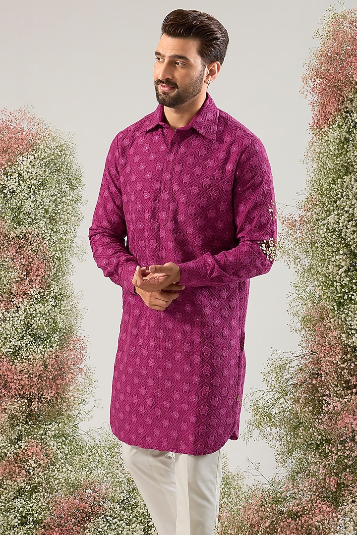 Magenta Silk Sequins Work Kurta by Kasbah Clothing at Pernia's Pop Up Shop