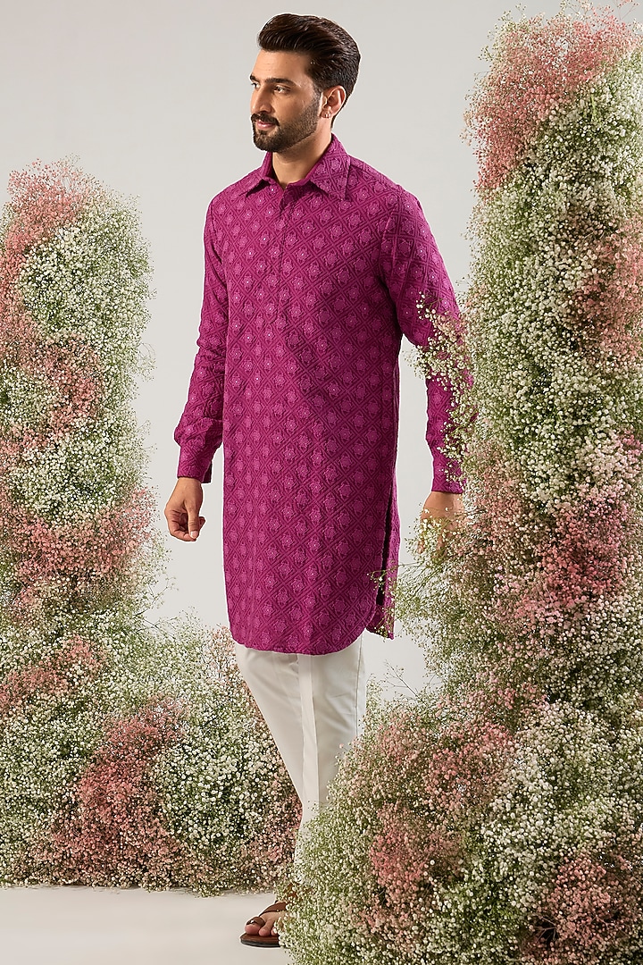 Magenta Silk Sequins Work Kurta by Kasbah Clothing at Pernia's Pop Up Shop