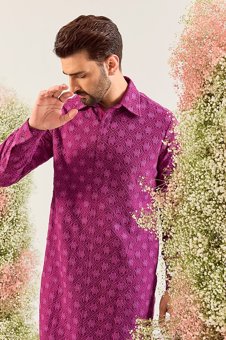 Magenta Silk Sequins Work Kurta by Kasbah Clothing at Pernia's Pop Up Shop