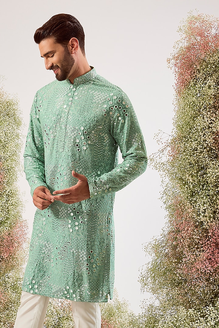 Green Silk Sequins Work Kurta by Kasbah Clothing at Pernia's Pop Up Shop