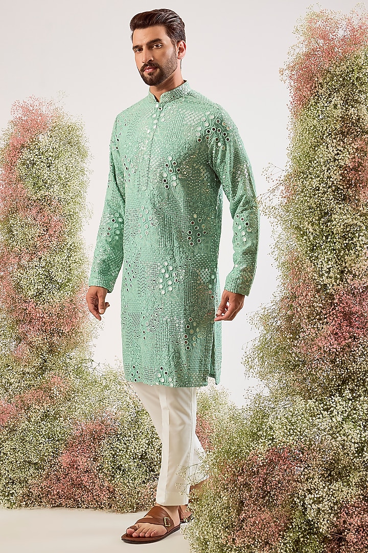 Green Silk Sequins Work Kurta by Kasbah Clothing at Pernia's Pop Up Shop
