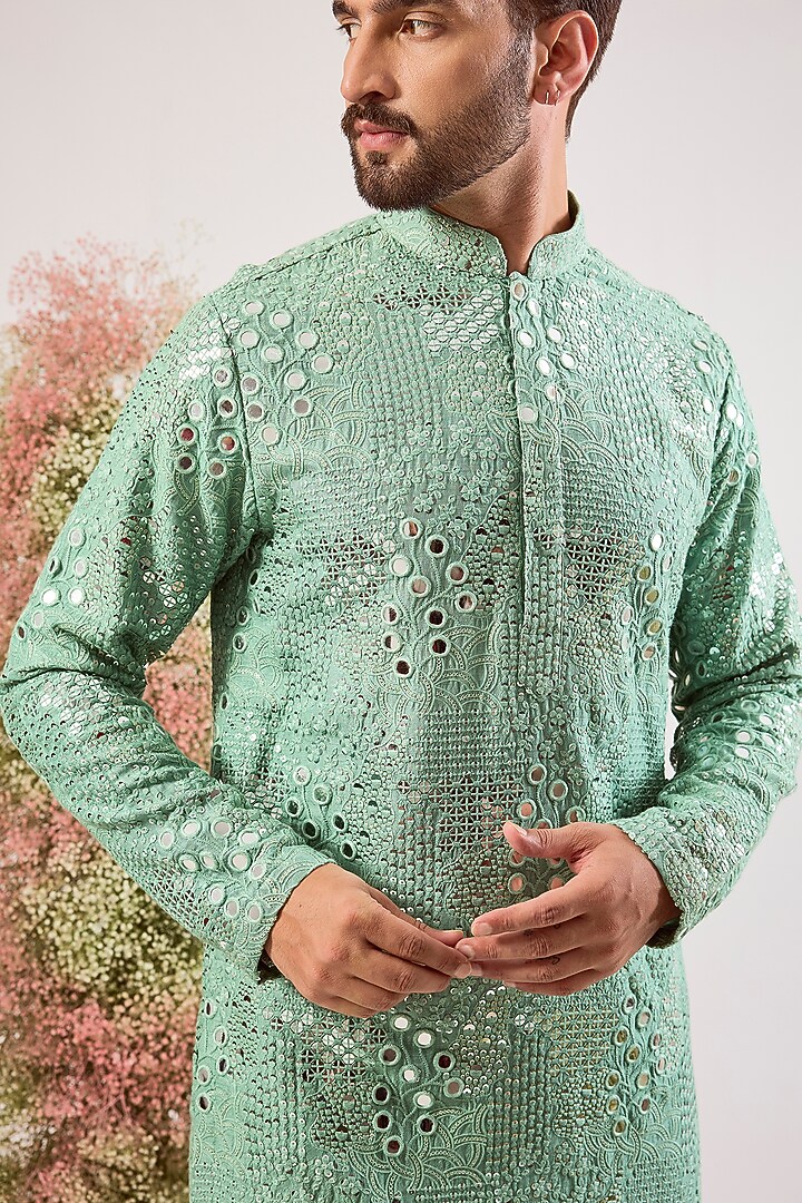 Green Silk Sequins Work Kurta by Kasbah Clothing at Pernia's Pop Up Shop