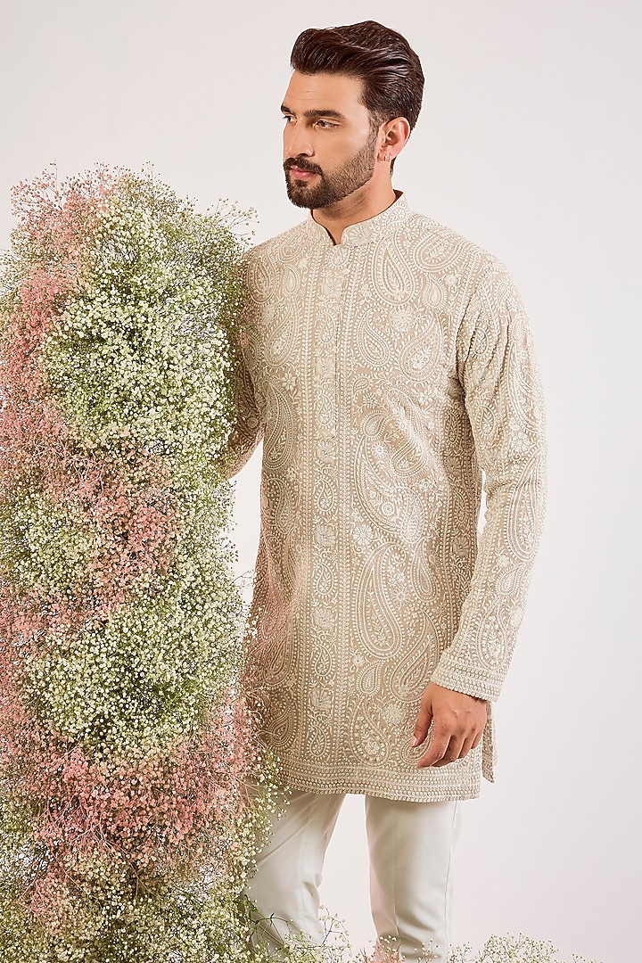 Beige Georgette Chikankari Embroidered Kurta by Kasbah Clothing at Pernia's Pop Up Shop