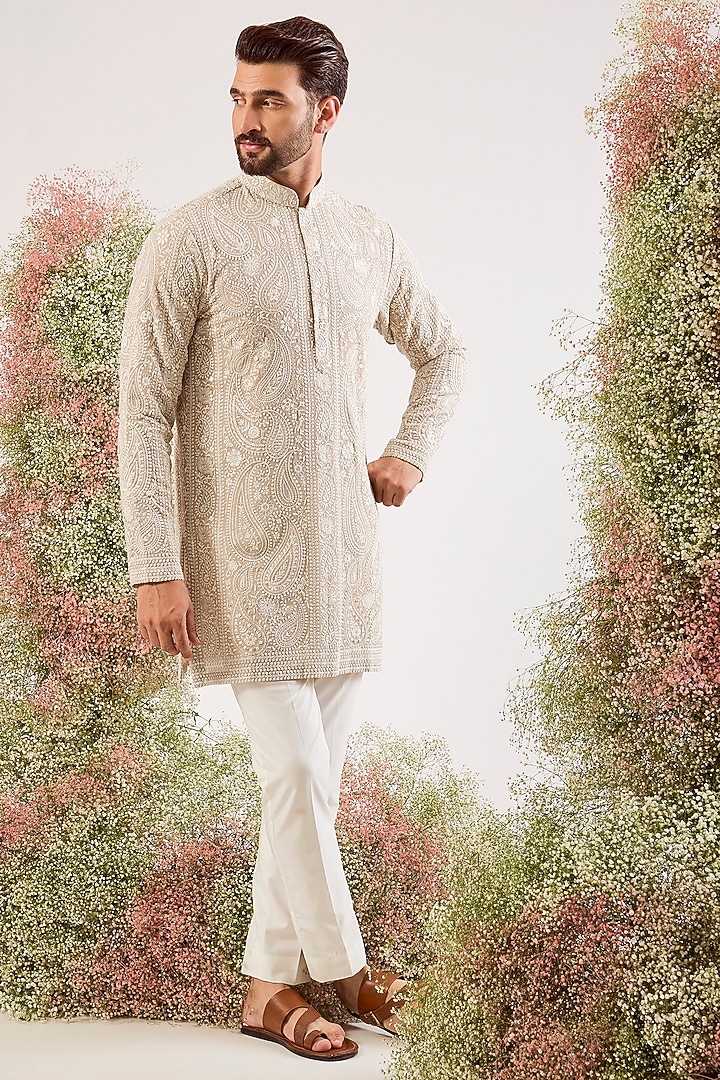 Beige Georgette Chikankari Embroidered Kurta by Kasbah Clothing at Pernia's Pop Up Shop