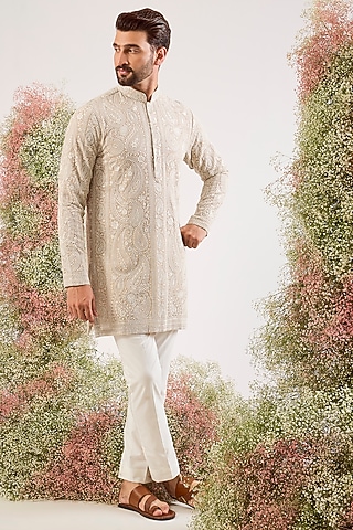 Beige Georgette Chikankari Embroidered Kurta by Kasbah Clothing