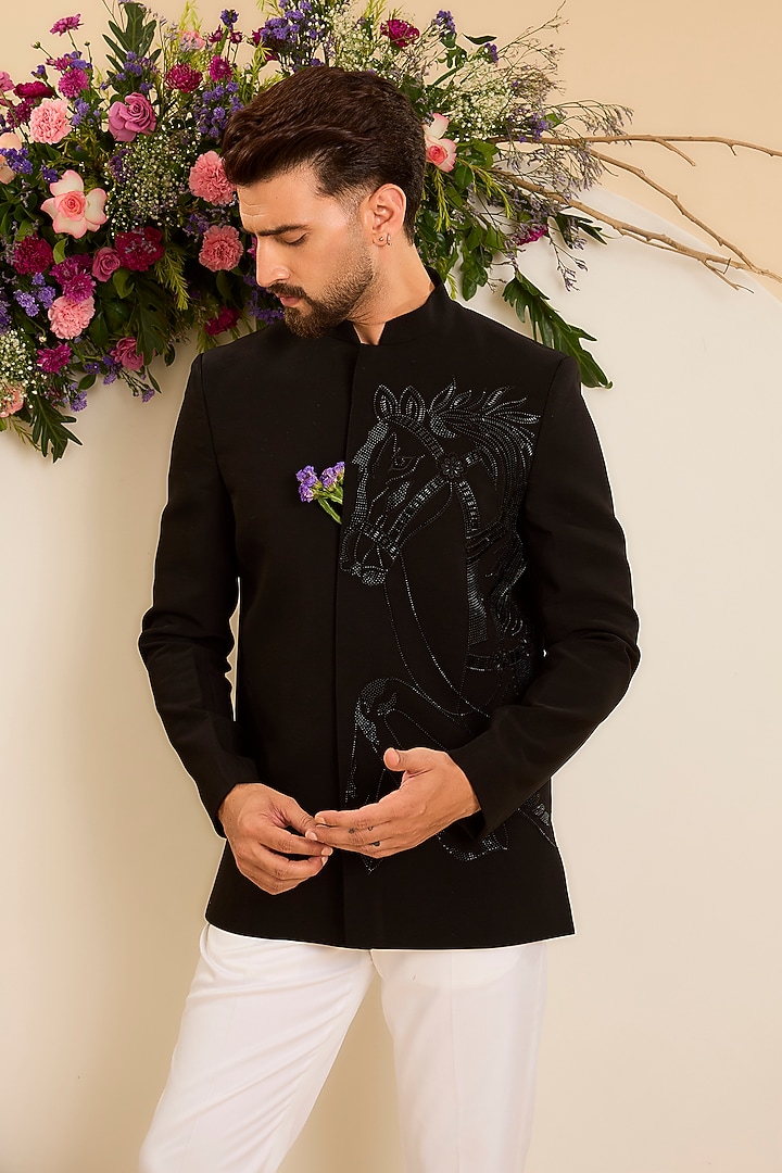 Black Japanese Cutdana Hand Embroidered Wedding Bandhgala by Kasbah Clothing at Pernia's Pop Up Shop