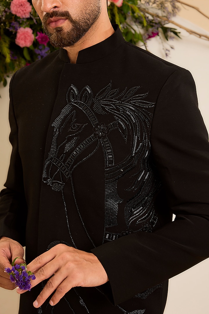 Black Japanese Cutdana Hand Embroidered Wedding Bandhgala by Kasbah Clothing at Pernia's Pop Up Shop