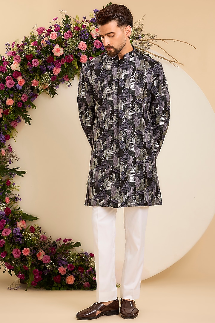 Grey Silk Sequins Embroidered Wedding Sherwani by Kasbah Clothing at Pernia's Pop Up Shop
