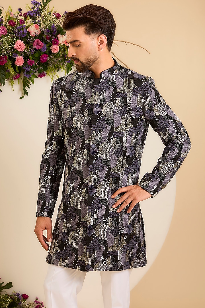 Grey Silk Sequins Embroidered Wedding Sherwani by Kasbah Clothing at Pernia's Pop Up Shop